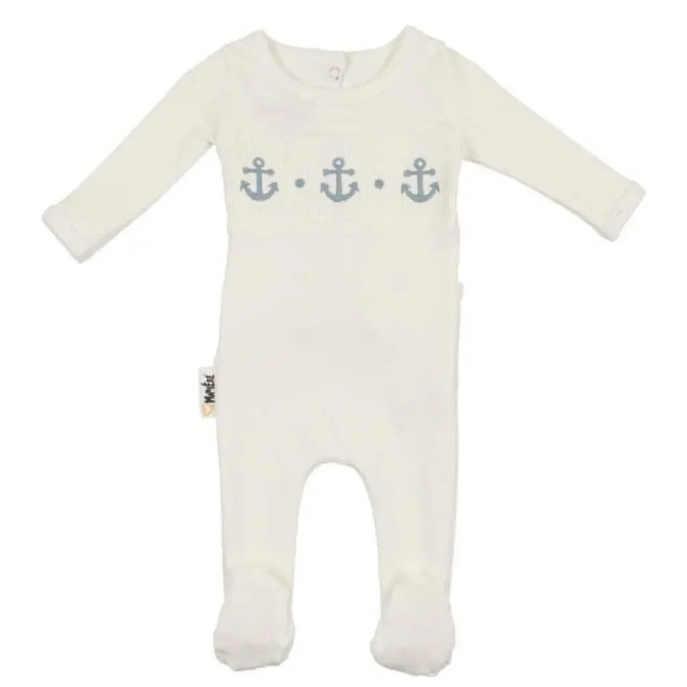 Maniere Child Smocked Anchor Footie 1M White Infant Sailor One Piece EUC